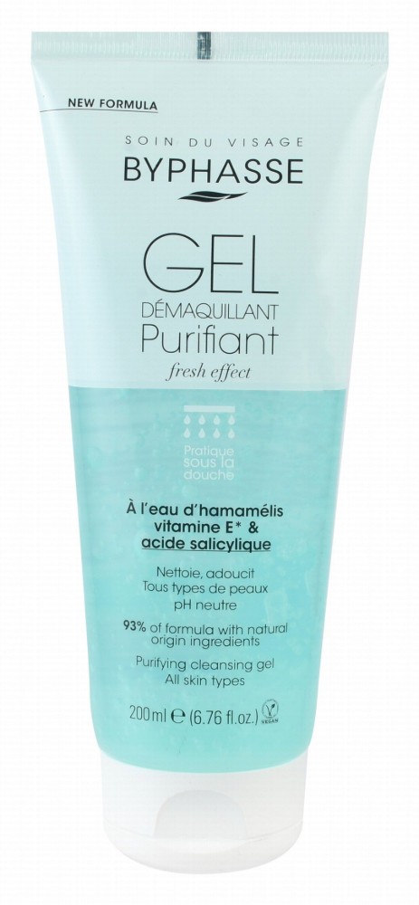 Byphasse Purifying, Makeup Remover & Cleansing Facial Gel with Witch Hazel Water, Vitamin E & Salicylic Acid for All Skin Types - vegan