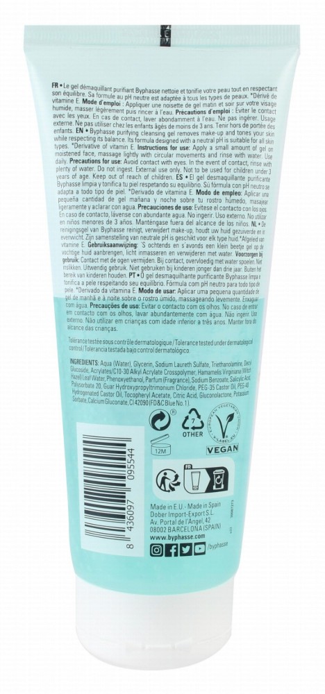 Byphasse Purifying, Makeup Remover & Cleansing Facial Gel with Witch Hazel Water, Vitamin E & Salicylic Acid for All Skin Types - vegan