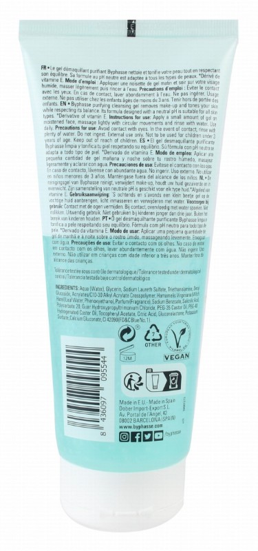 Byphasse Purifying, Makeup Remover & Cleansing Facial Gel with Witch Hazel Water, Vitamin E & Salicylic Acid for All Skin Types - vegan