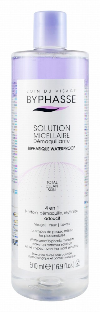 Byphasse Waterproof 4in1 Cleansing, Revitalizing & Softening Biphasic Face, Eye & Lip Makeup Remover Micellar Solution for All Skin Types - vegan