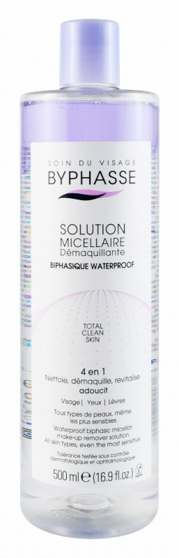Byphasse Waterproof 4in1 Cleansing, Revitalizing & Softening Biphasic Face, Eye & Lip Makeup Remover Micellar Solution for All Skin Types - vegan