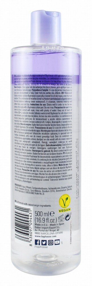 Byphasse Waterproof 4in1 Cleansing, Revitalizing & Softening Biphasic Face, Eye & Lip Makeup Remover Micellar Solution for All Skin Types - vegan