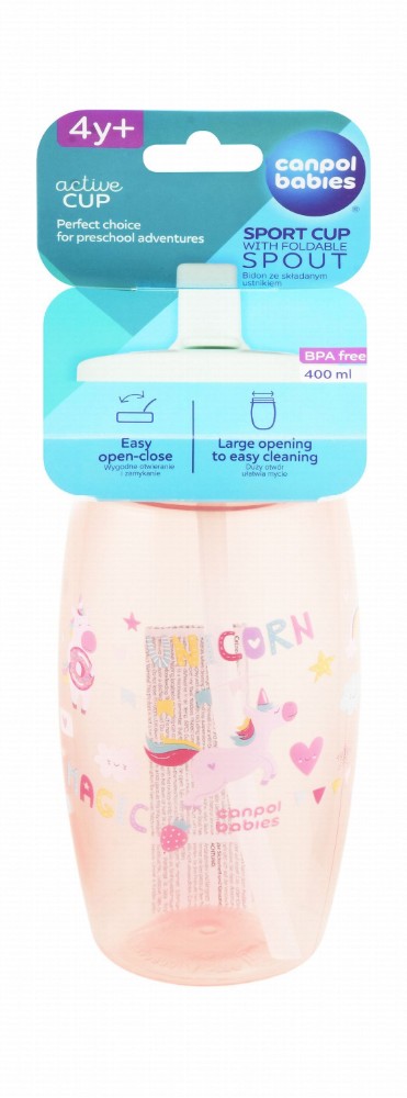 Canpol Babies Active Pink Unicorn Print 400ml Sports Cup with Foldable Spout (4+ Years) - BPA free