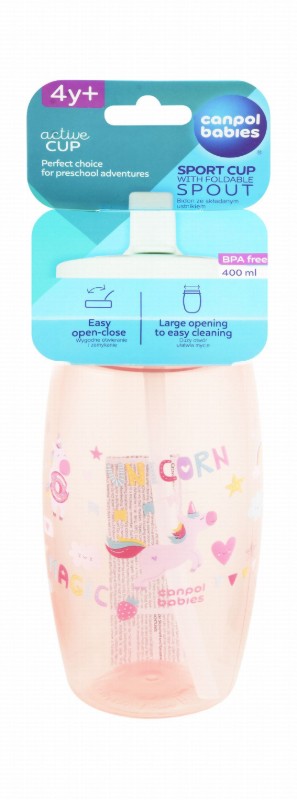 Canpol Babies Active Pink Unicorn Print 400ml Sports Cup with Foldable Spout (4+ Years) - BPA free
