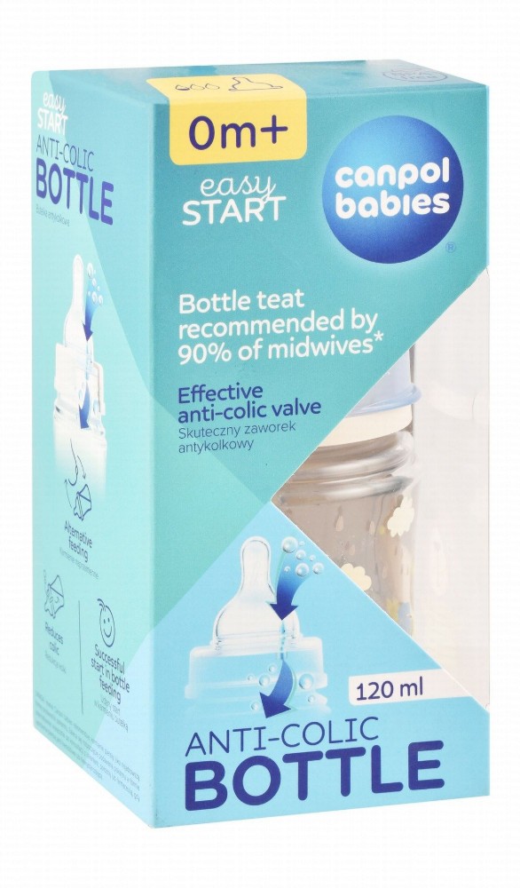 Canpol Babies Easy Start Blue & White Bear Print 120ml Anti-Colic Feeding Bottle (0+ Months) - BPA free