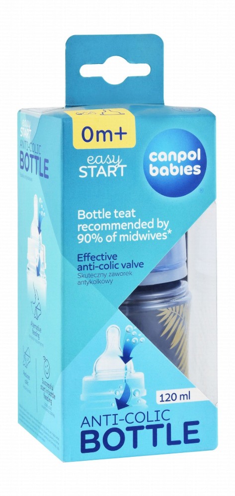 Canpol Babies Easy Start Blue Leaf Print 120ml Anti-Colic Feeding Bottle (0+ Months) - BPA free