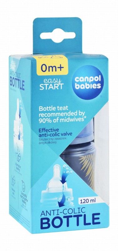 Canpol Babies Easy Start Blue Leaf Print 120ml Anti-Colic Feeding Bottle (0+ Months) - BPA free
