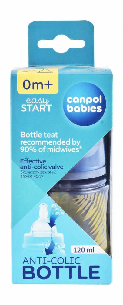 Canpol Babies Easy Start Blue Leaf Print 120ml Anti-Colic Feeding Bottle (0+ Months) - BPA free