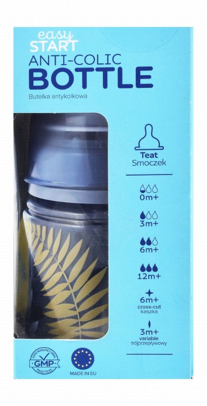 Canpol Babies Easy Start Blue Leaf Print 120ml Anti-Colic Feeding Bottle (0+ Months) - BPA free
