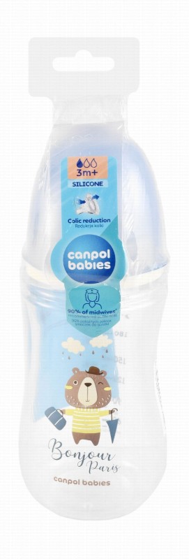 Canpol Babies Easy Start Bonjour Paris Blue Bear Print 240ml Anti-Colic Silicone Feeding Bottle (3+ Months) - BPA free