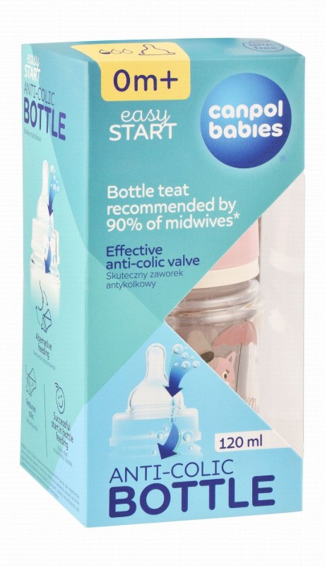 Canpol Babies Easy Start Bonjour Paris Pink Cat Print 120ml Anti-Colic Silicone Feeding Bottle (0+ Months) - BPA free