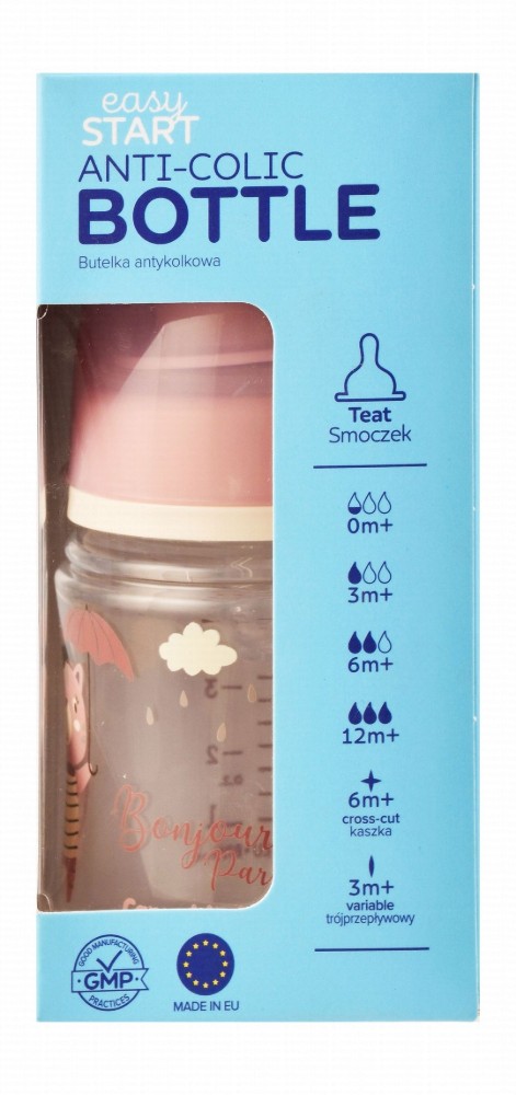 Canpol Babies Easy Start Bonjour Paris Pink Cat Print 120ml Anti-Colic Silicone Feeding Bottle (0+ Months) - BPA free