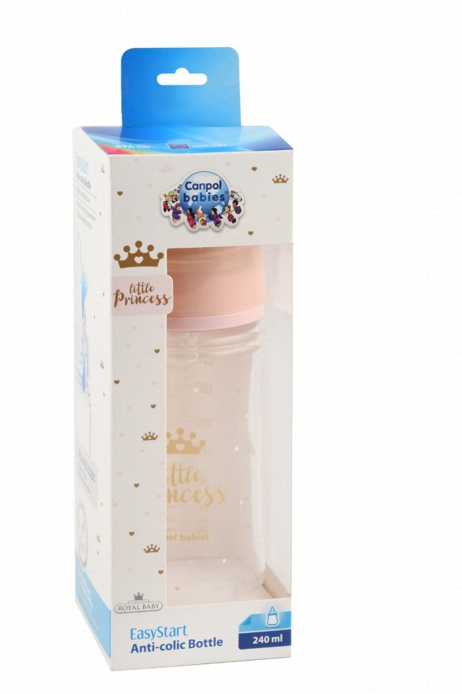 Canpol Babies Easy Start Little Princess Pink 240ml Anti-Colic Regular Flow Plastic Feeding Bottle (3+ Months) - BPA free