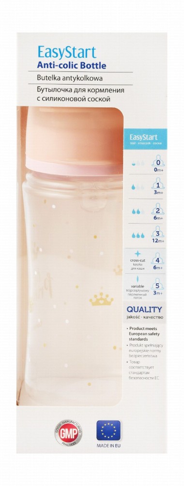 Canpol Babies Easy Start Little Princess Pink 240ml Anti-Colic Regular Flow Plastic Feeding Bottle (3+ Months) - BPA free