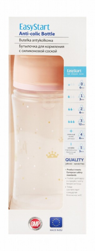 Canpol Babies Easy Start Little Princess Pink 240ml Anti-Colic Regular Flow Plastic Feeding Bottle (3+ Months) - BPA free