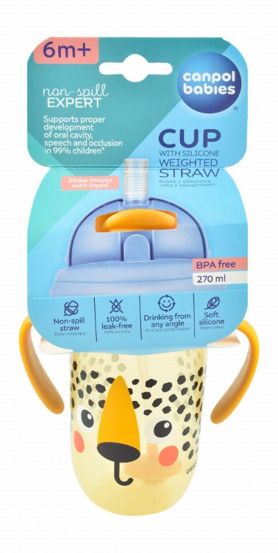 Canpol Babies Expert Non-Spill Yellow Lion Print 270ml Silicone Training Cup with Weighted Straw (6+ Months) - BPA free