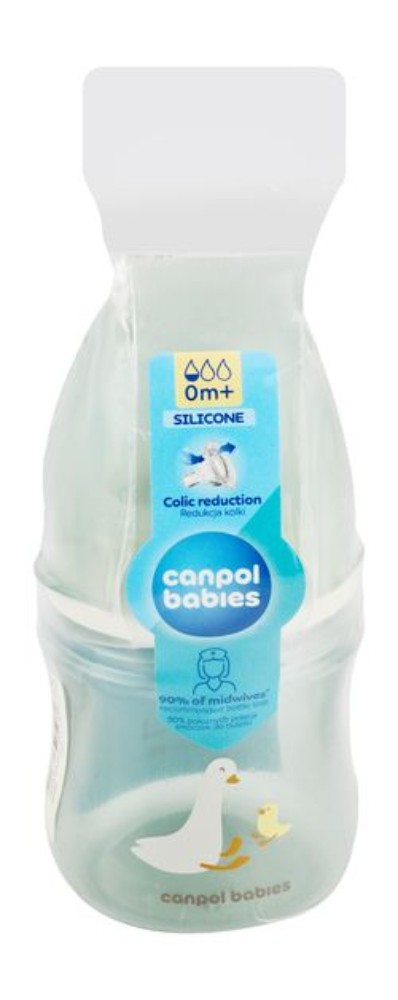 Canpol Babies Green Duck Print 120ml Anti-Colic Silicone Feeding Bottle (0+ Months) - BPA free