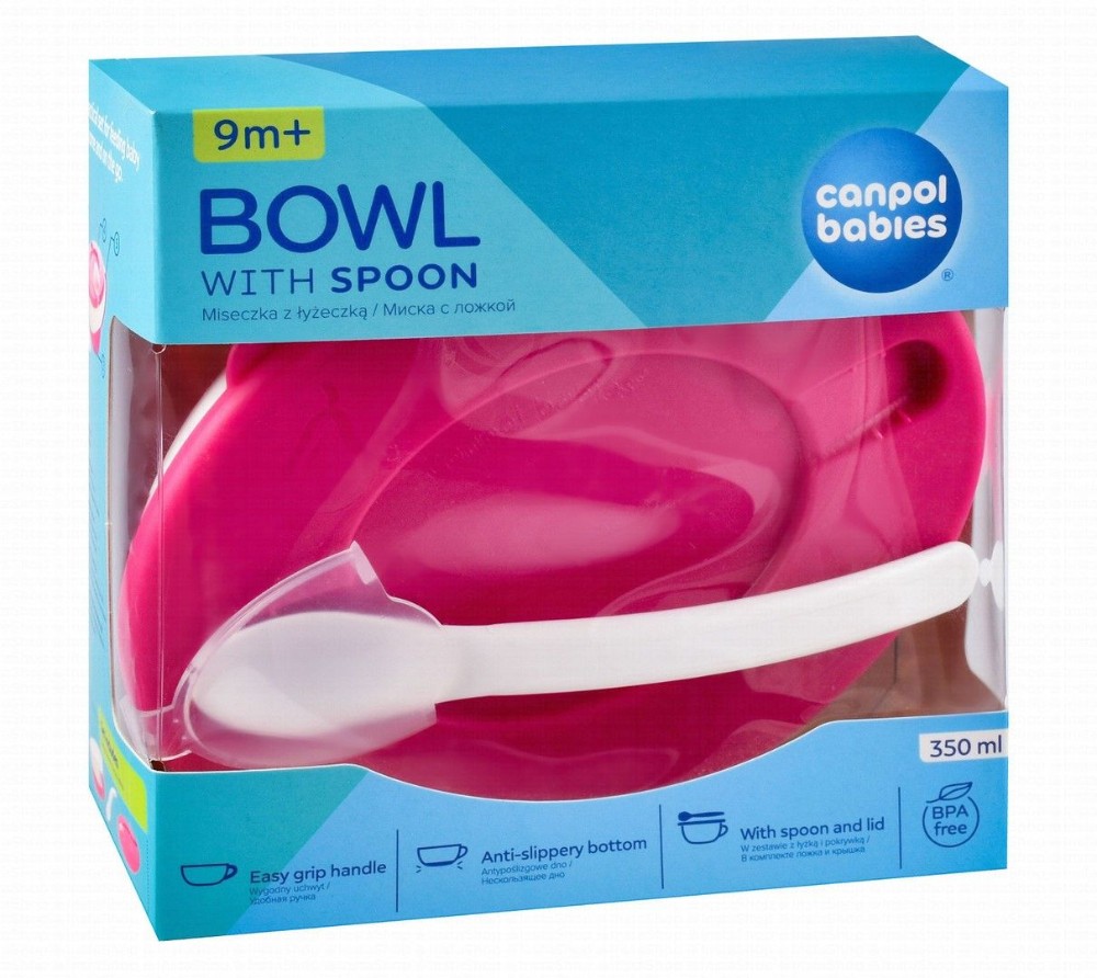 Canpol Babies Little Cow Collection Pink 350ml Bowl with Handle & Spoon (9+ Months) - BPA free