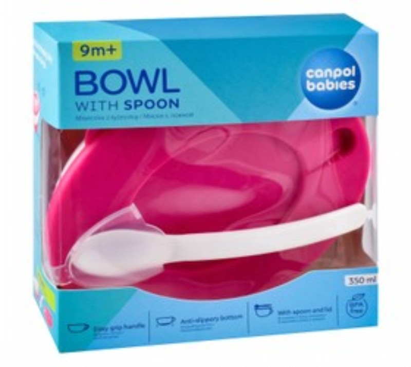 Canpol Babies Little Cow Collection Pink 350ml Bowl with Handle & Spoon (9+ Months) - BPA free