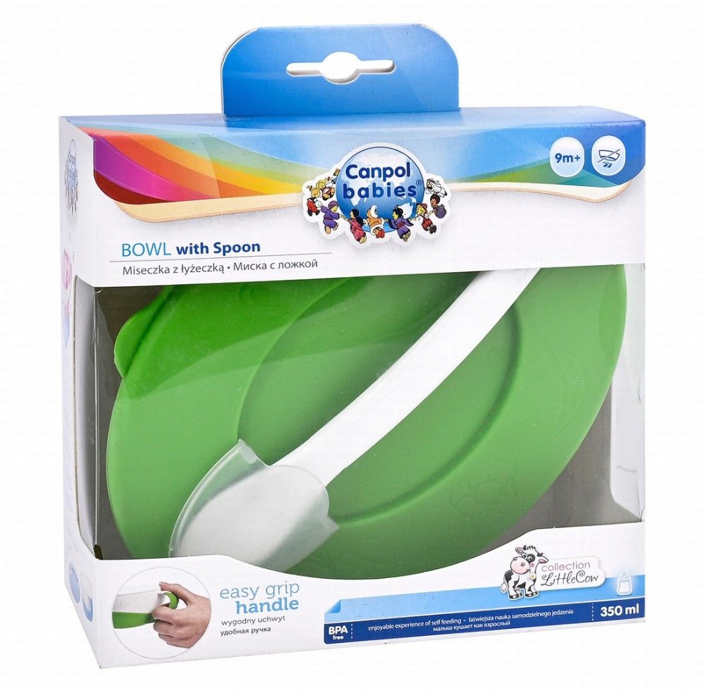 Canpol Babies Littlecow Collection Green 350ml Bowl with Handle & Spoon (9+ Months) - BPA free