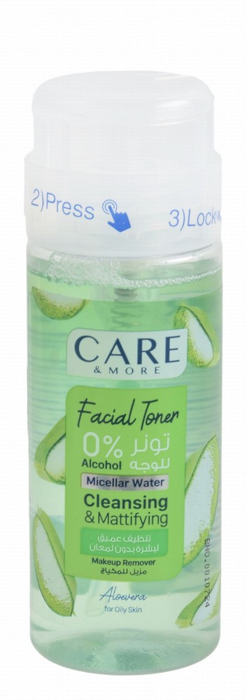 Care & More Cleansing & Mattifying Facial Toner & Makeup Removing Micellar Water with Aloe Vera for Oily Skin - alcohol free