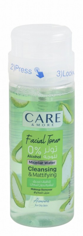 Care & More Cleansing & Mattifying Facial Toner & Makeup Removing Micellar Water with Aloe Vera for Oily Skin - alcohol free