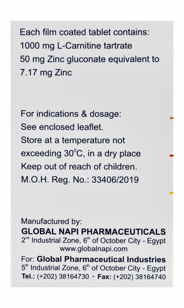 Carnitol Plus 1000mg L-Carnitine Tartrate & 50mg Zinc Gluconate Supplement