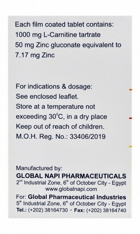 Carnitol Plus 1000mg L-Carnitine Tartrate & 50mg Zinc Gluconate Supplement