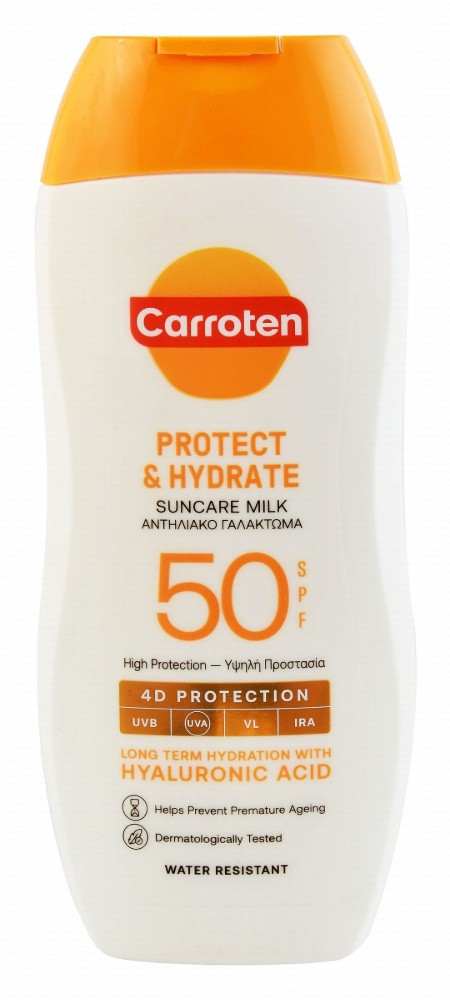 Carroten Water-Resistant 4D Protection Hydrating & Anti-Aging Face & Body Sunscreen Milk with Hyaluronic Acid SPF50