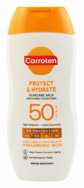 Carroten Water-Resistant 4D Protection Hydrating & Anti-Aging Face & Body Sunscreen Milk with Hyaluronic Acid SPF50