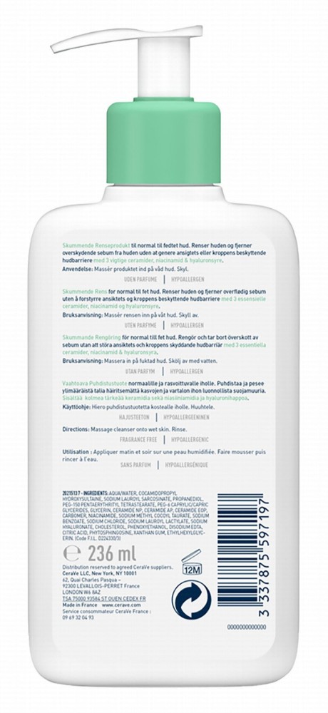 CeraVe Hypoallergenic Foaming Facial Gel Cleanser with Ceramides & Hyaluronic Acid for Normal to Oily Skin - fragrance free