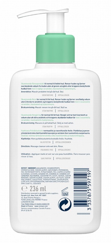 CeraVe Hypoallergenic Foaming Facial Gel Cleanser with Ceramides & Hyaluronic Acid for Normal to Oily Skin - fragrance free