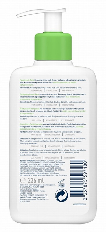 CeraVe Hypoallergenic Hydrating Face & Body Cleanser with Ceramides & Hyaluronic Acid for Normal to Dry Skin - fragrance free