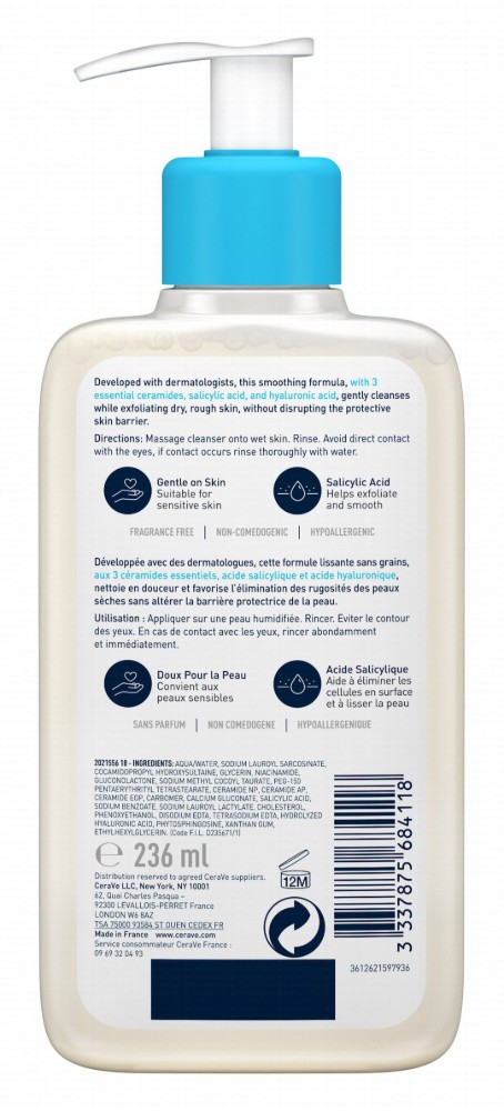 CeraVe Hypoallergenic SA Smoothing Facial Cleanser with Ceramides, Salicylic & Hyaluronic Acid for Dry, Rough & Bumpy Skin - fragrance free, non comedogenic