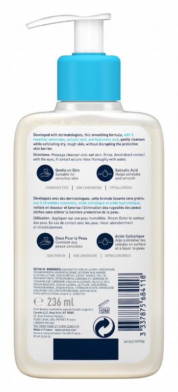 CeraVe Hypoallergenic SA Smoothing Facial Cleanser with Ceramides, Salicylic & Hyaluronic Acid for Dry, Rough & Bumpy Skin - fragrance free, non comedogenic