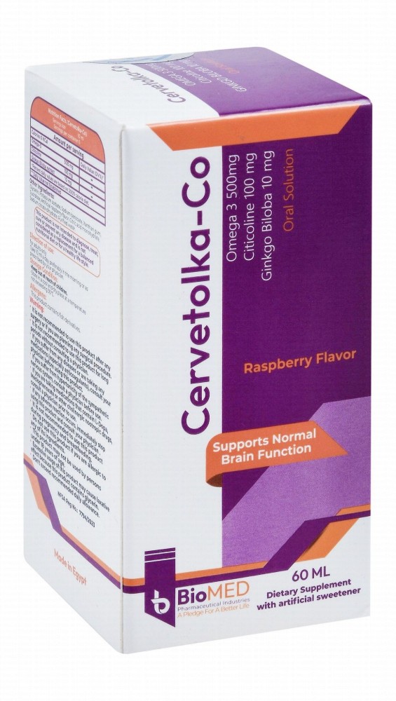 Cervetolka-Co 100mg Citicoline, 500mg Omega 3 & 10mg Ginkgo Biloba Normal Brain Function Support Oral Supplement Solution Raspberry Flavor