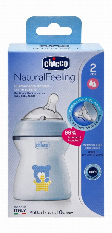 Chicco Natural Feeling Blue 250ml Anti-Colic Medium Flow Feeding Bottle with Silicone Teat (2+ Months) - BPA Free
