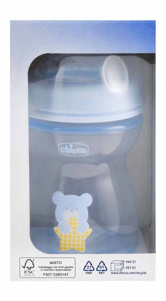 Chicco Natural Feeling Blue 250ml Anti-Colic Medium Flow Feeding Bottle with Silicone Teat (2+ Months) - BPA Free