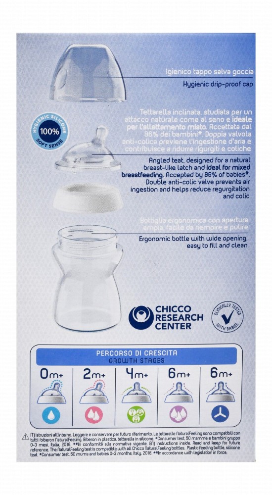 Chicco Natural Feeling Blue 250ml Anti-Colic Medium Flow Feeding Bottle with Silicone Teat (2+ Months) - BPA Free