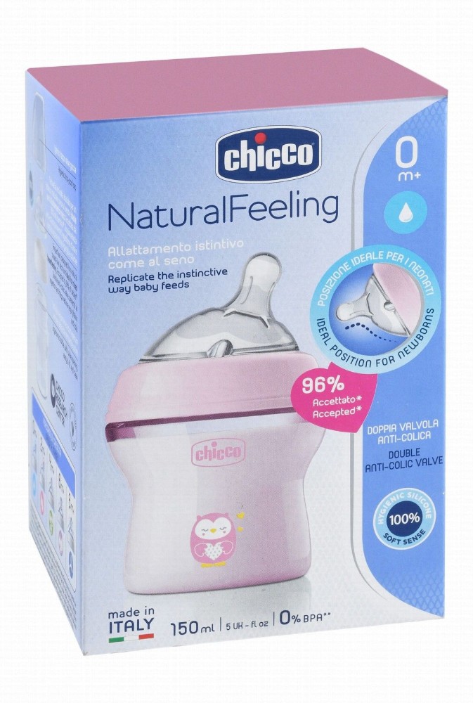 Chicco Natural Feeling Pink 150ml Anti-Colic Slow Flow Feeding Bottle with Silicone Teat (0+ Months) - BPA free
