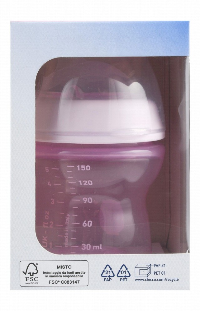 Chicco Natural Feeling Pink 150ml Anti-Colic Slow Flow Feeding Bottle with Silicone Teat (0+ Months) - BPA free
