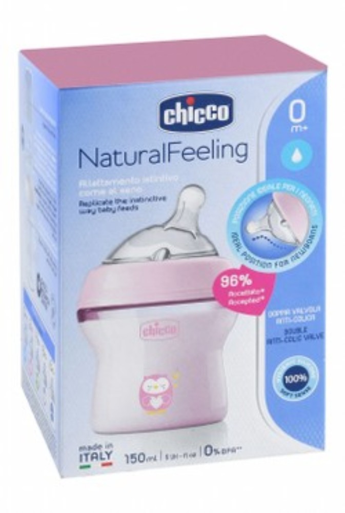 Chicco Natural Feeling Pink 150ml Anti-Colic Slow Flow Feeding Bottle with Silicone Teat (0+ Months) - BPA free