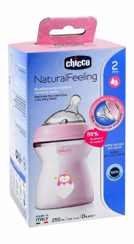 Chicco Natural Feeling Pink 250ml Anti-Colic Feeding Bottle (2+ Months) - BPA free