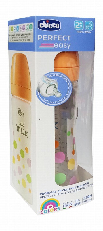 Chicco Perfect Easy Orange 250ml Anti-Colic Medium Flow Feeding Bottle (2+ Months) - BPA free