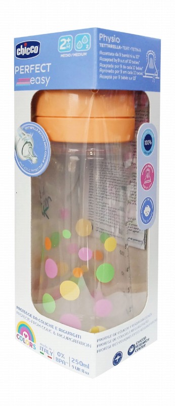 Chicco Perfect Easy Orange 250ml Anti-Colic Medium Flow Feeding Bottle (2+ Months) - BPA free