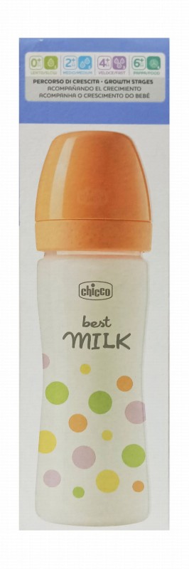 Chicco Perfect Easy Orange 250ml Anti-Colic Medium Flow Feeding Bottle (2+ Months) - BPA free