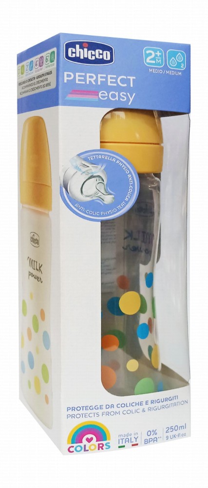 Chicco Perfect Easy Yellow 250ml Anti-Colic Medium Flow Feeding Bottle (2+ Months) - BPA free
