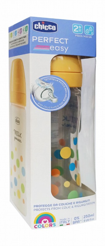 Chicco Perfect Easy Yellow 250ml Anti-Colic Medium Flow Feeding Bottle (2+ Months) - BPA free