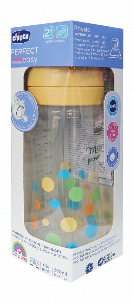 Chicco Perfect Easy Yellow 250ml Anti-Colic Medium Flow Feeding Bottle (2+ Months) - BPA free