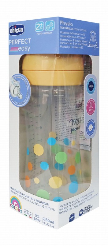 Chicco Perfect Easy Yellow 250ml Anti-Colic Medium Flow Feeding Bottle (2+ Months) - BPA free